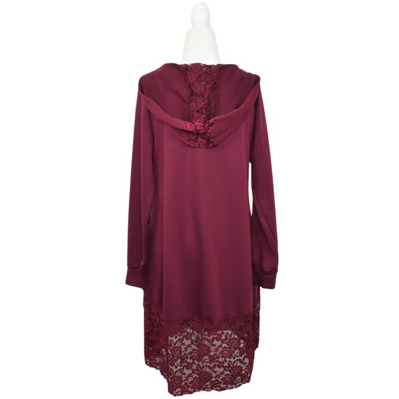 Womens Whimsigoth Hooded Lace Hem Long Sleeve Tunic Top Size M Burgundy Coquette - Picture 3 of 13